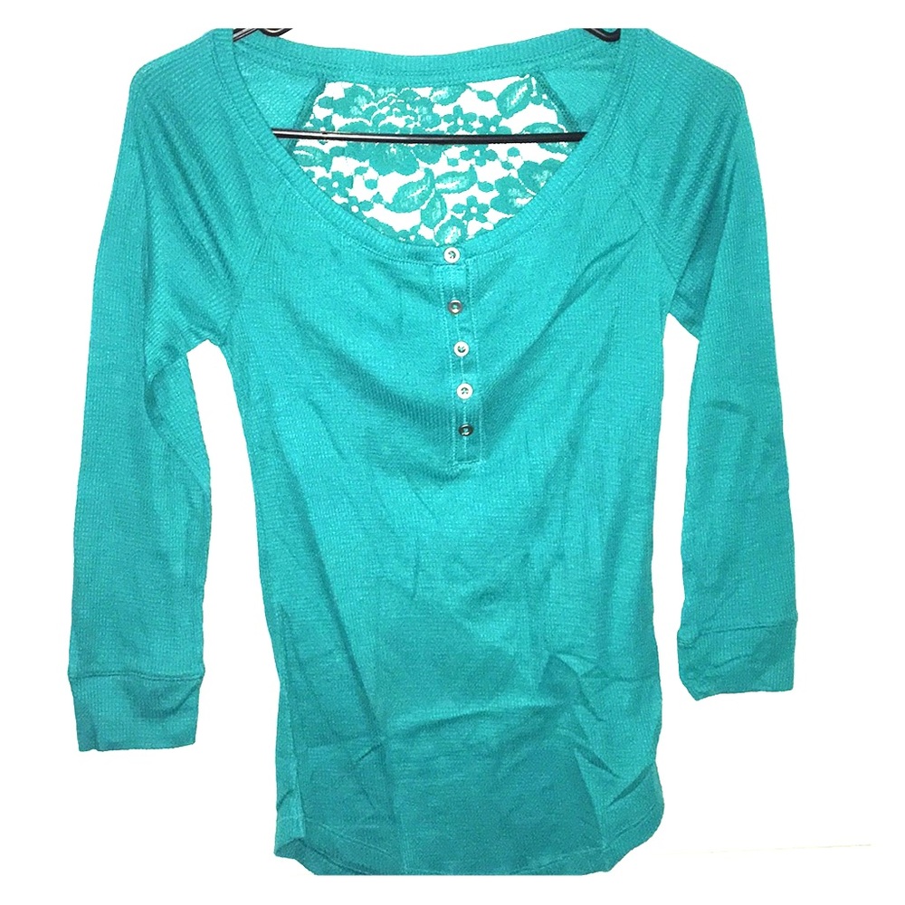 Green Thermal Knit Lace Back Henley